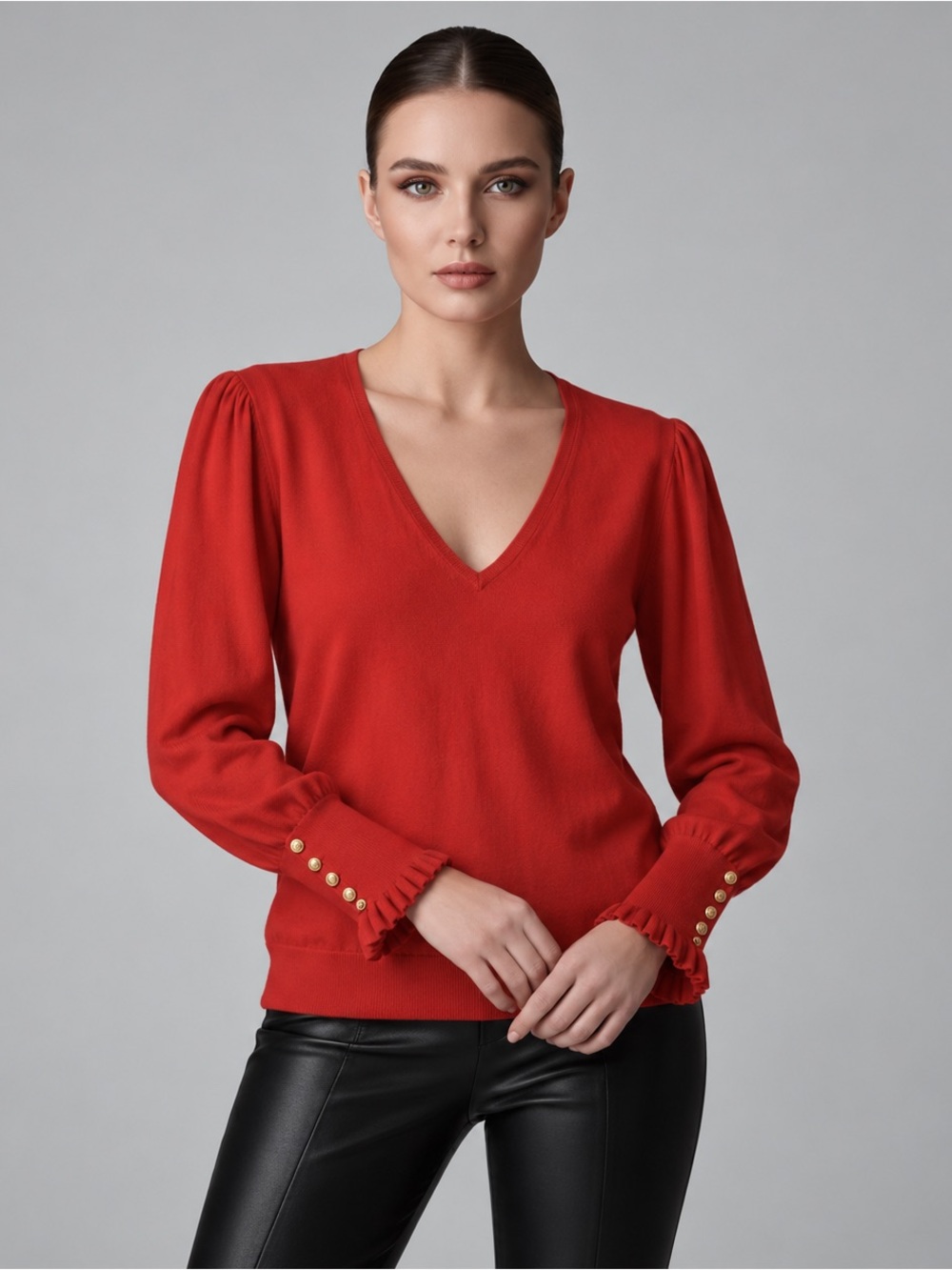 Lauren Ralph Lauren Red V Neck Sweater Gold Button Ruffle Cuff Large - Picture 7 of 7